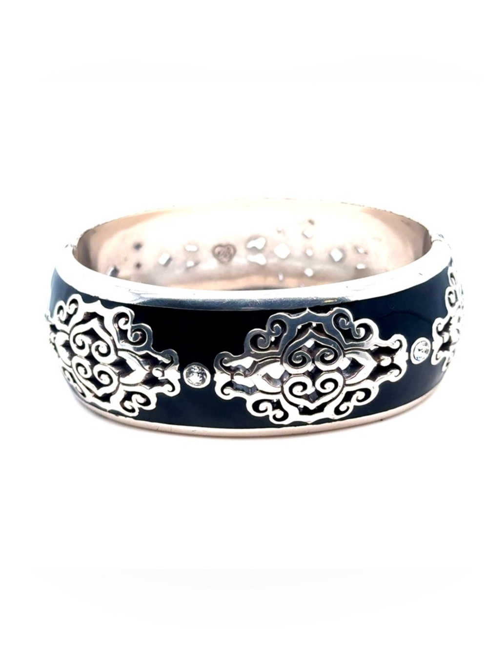 Brighton Black Enamel Silver-Tone Filigree Bangle Bracelet